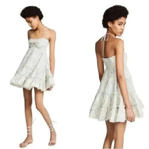 Zimmermann Helm Tiered Sweetheart Neck Linen Cotton Mini Dress Blue Cream Size 1